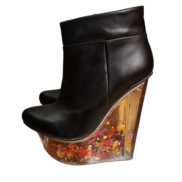 Jeffrey Campbell Rave Ankle Boots Size 6 M Black Leather Glitter Wedge Platform - Picture 4 of 8